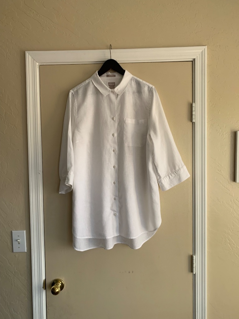 Chico's White Linen Button Up Shirt Tunic Top Beach Travel Layering Sz.3 or XL - Picture 7 of 10